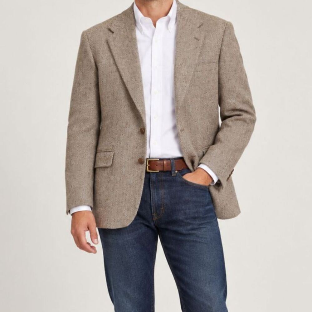 Vintage Wool Herringbone Blazer Mens 46L Tan Brown Tweed Sport Coat